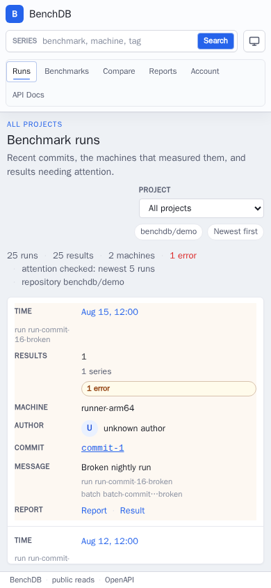 Benchmark runs mobile dashboard